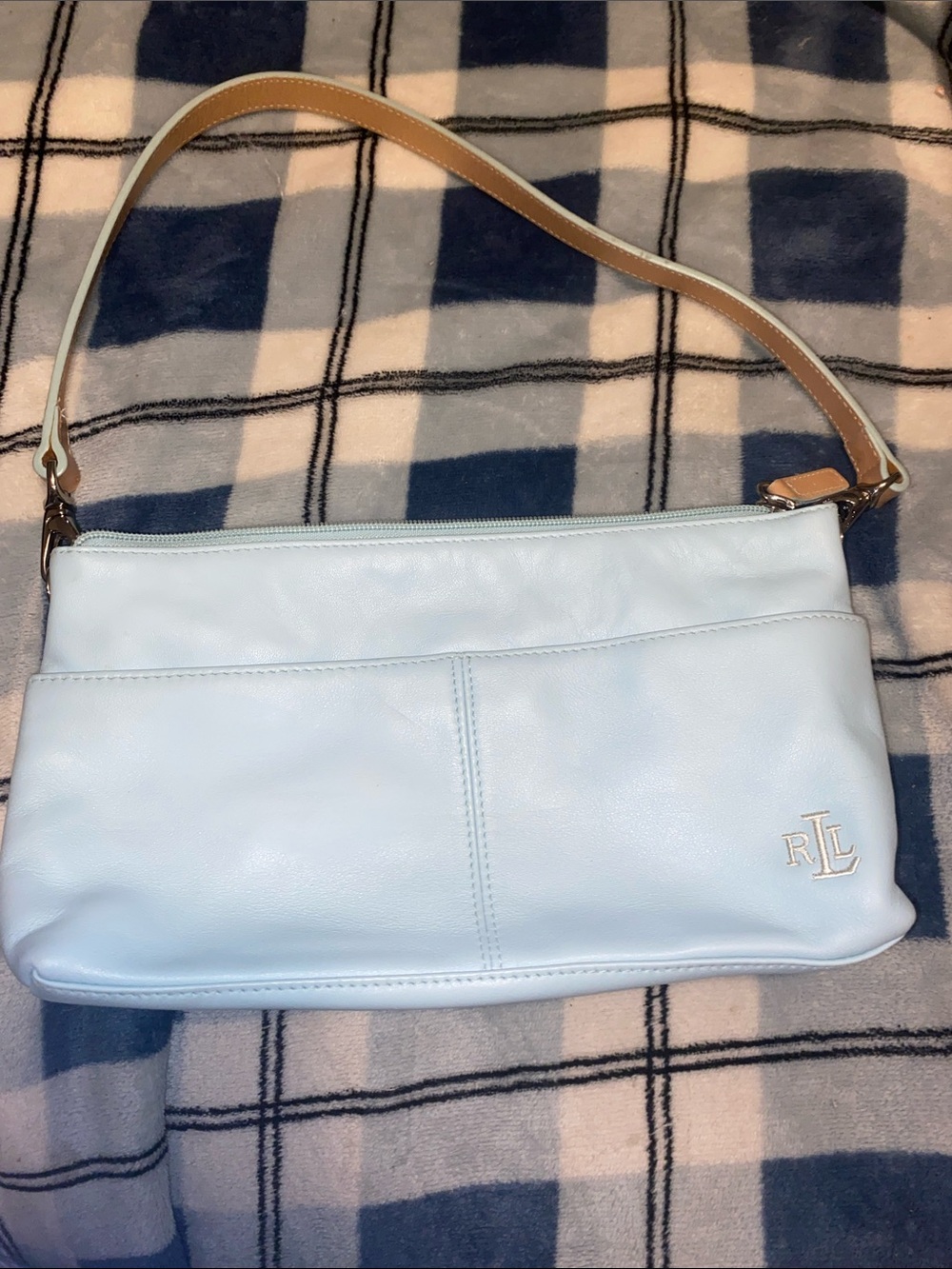 Ralph Lauren Pale Blue Leather Shoulder Bag with Tan Strap